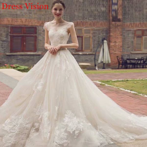 

2021 mariage luxury lace appliques wedding vestidos vestido de noiva sheer tulle o-neck long frock robe to be 4gem, White