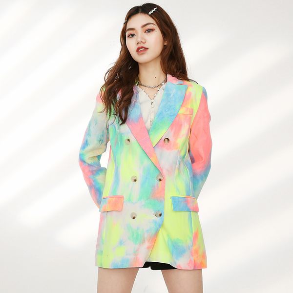 

2021 spring new high street women jacket long sleeve double-breasted fashion ladies tie-dye printed suit outwear trend coat, Black;brown
