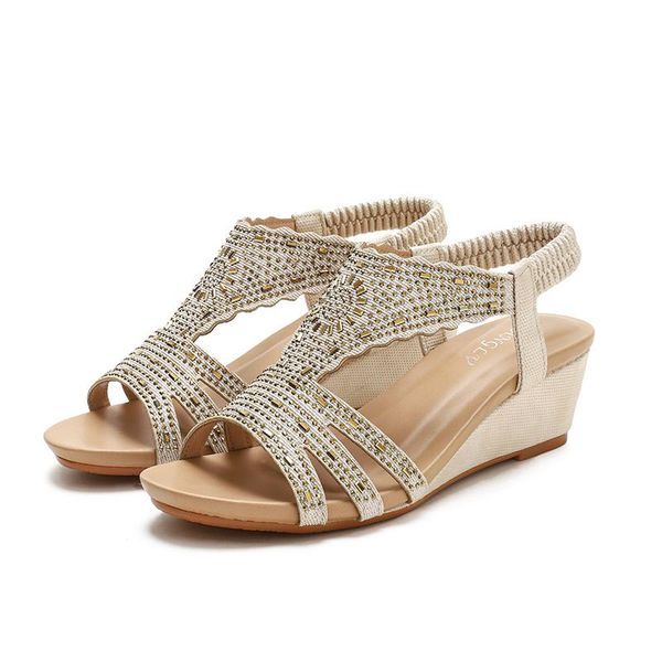 

sandals women wedges ladies high heel shoes soft leather fashion t style crystal design female pumps large plus size 36-42, Black