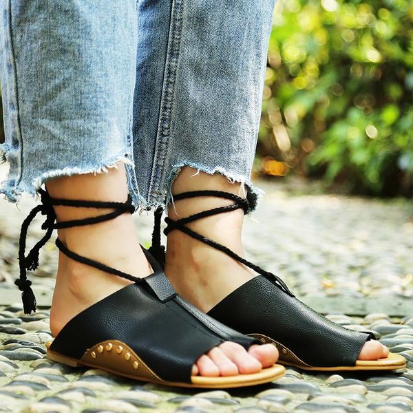 

2021 new flats shoes beach flip flops leather gladiator zapatos mujer summer sandals women ankle strap sandals femme slippers, Black