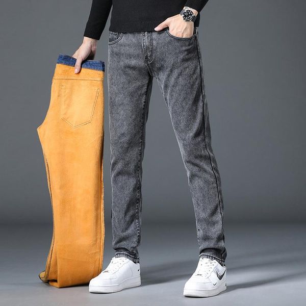 

men's jeans 2021 fall/winter plus velvet slim-fit fashion little feet 3-color boutique straight-leg thick warm, Blue