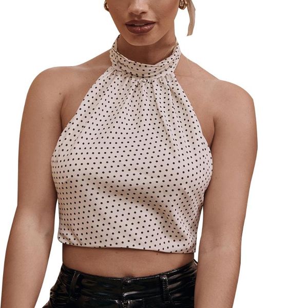 

women's tanks & camis summer polka dot printed sleeveless backless exposed navel halter vest, White