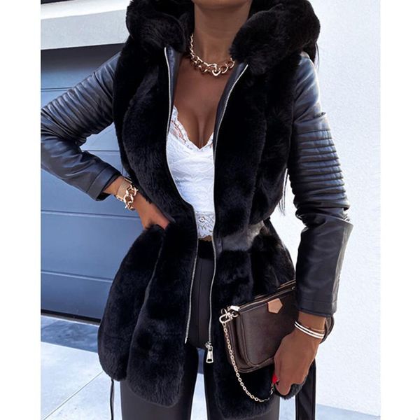 

women's fur & faux warm 2021 winter women thick zipper jacket coat with belt collar leather jackets outerwear ladies parkas, Black