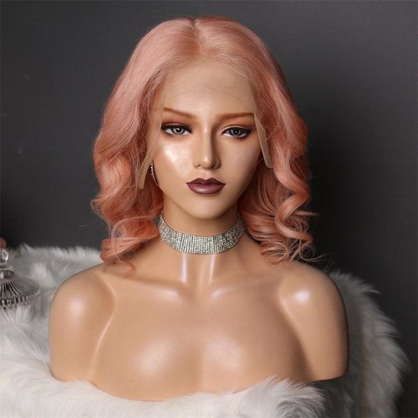

lace wigs middle part short wavy bob transparent front human hair pre plucked pink colored glueless brazilian, Black;brown