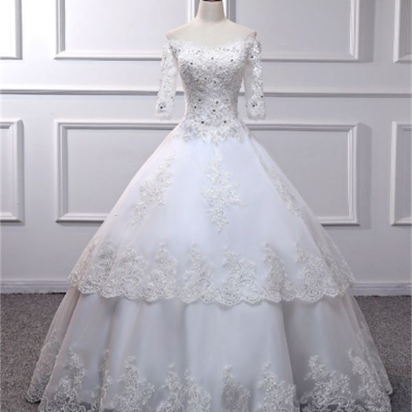 

2021 new chic v-neck lace ball wedding es applique beaded flowers off the shoulder bride gown vestido de noiva bfo8, White