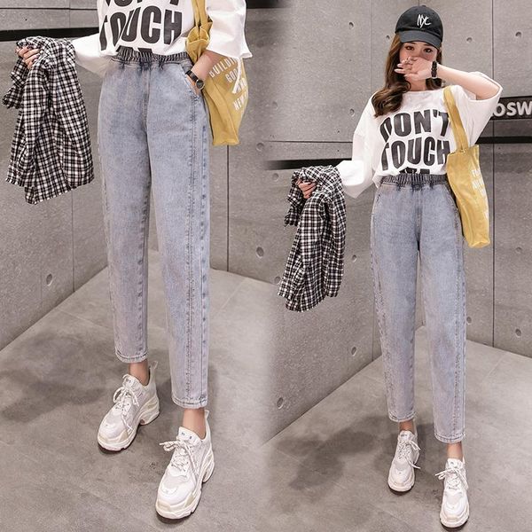 

women's jeans 2021 autumn washed ankle-length pants female loose oversized blue elastic waist casual pocket 6963#