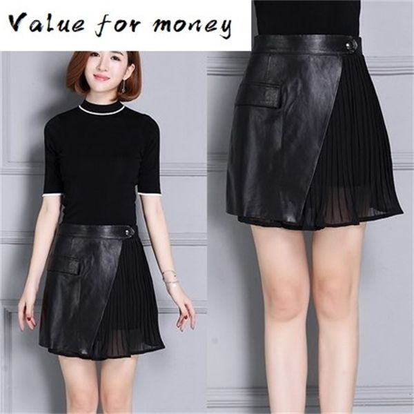 

sheepskin pleated leather skirt k97 y1214, Black