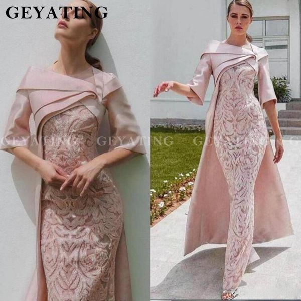 

party dresses arabic blush pink lace mermaid evening dress with cape half sleeve pleat long dubai women formal gowns kaftan, White;black
