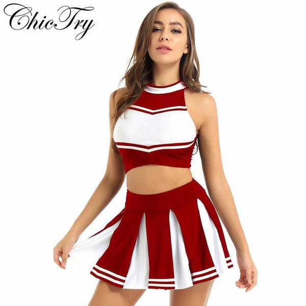 Mulheres adultos escola meninas roupas líderes líderes sexy conjuntos uniforme roupa sem mangas colheita com mini saia plissada x0626