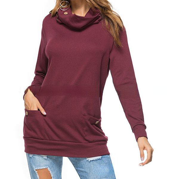 

women's long-sleeved high-necked pocket button-decorated pullover sweater, Black