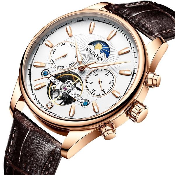 

wristwatches men's mechanical tourbillon automatic watch men leather waterproof sport watches for reloj hombre, Slivery;brown