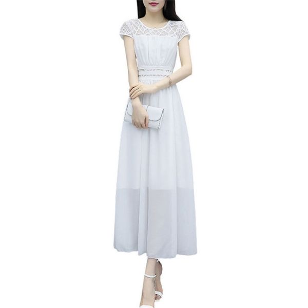 Vestido de Verão Mulheres Branco S-2XL Plus Size Moda Temperamento Slim Manga Curta Chiffon Fairy Maxi Feminina LR908 210531