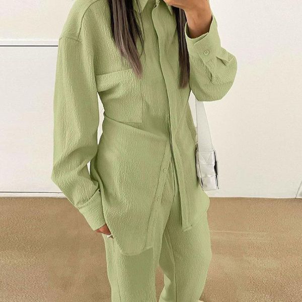 

women's two piece pants green casual sets 2021 autumn vintage long sleeve and wide leg single breasted elegant suit with, White