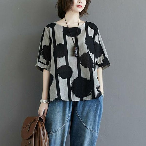 

round neck loose large size shirt female printing color matching retro style casual five-point sleeve blouse women spring summer, White