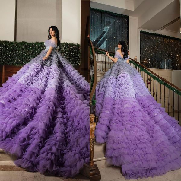 

chic color matching a line wedding dress off shoulder v neck bridal gowns multilayered ruffles back lace up cathedral train robe de mariee, White