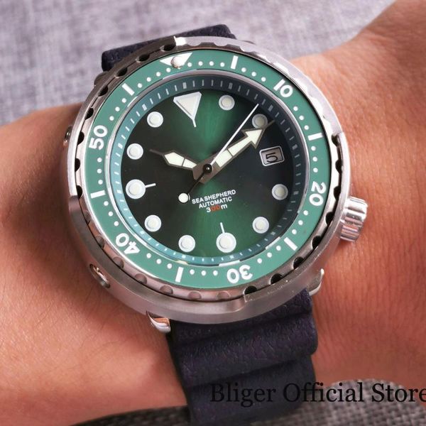

wristwatches bliger luxury fashion nh35a diver automatic men watch light green dial luminous marks 46.5mm brushed can case, Slivery;brown