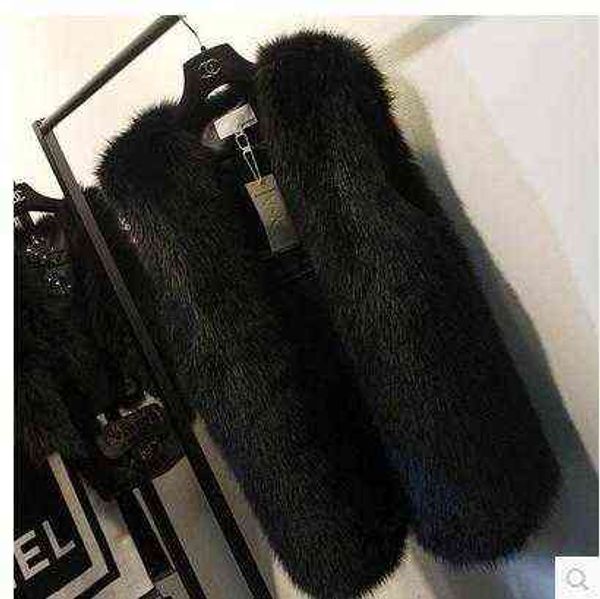 

women's faux fur gilet coat rabbit mink vest medium-long v-neck waistcoats jacket 211207, Black