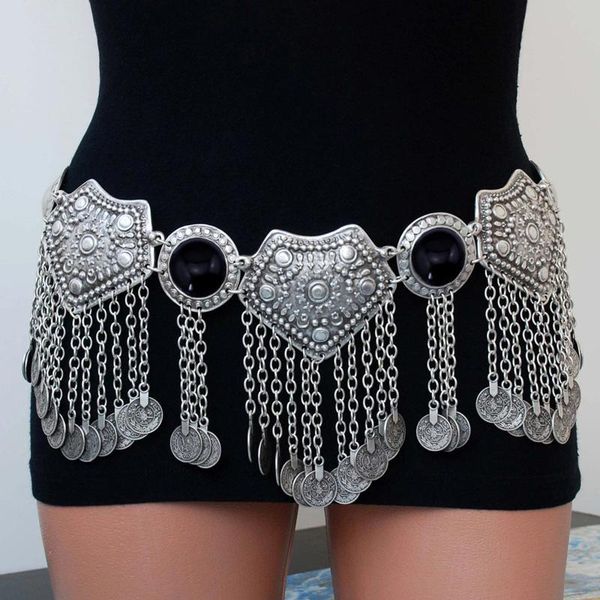 

bohemian national style with coin pendant waist chain black rhinestone hollow dance accessories body chain jewelry, Silver