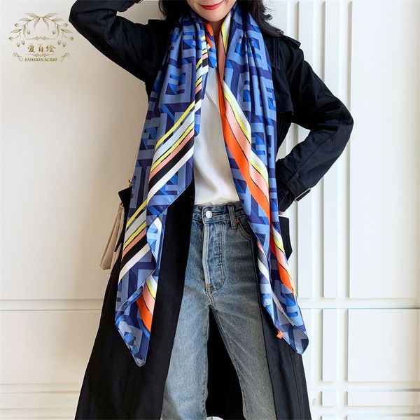 

new imitation twill female geometric pattern printing 130cm sunscreen large square shawl scarf, Blue;gray