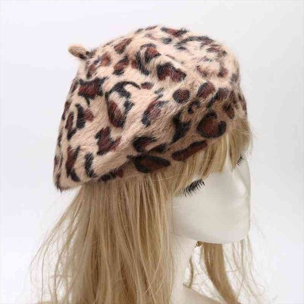 

Winter Chic Women Fuzzy Rabbit Hair Leopard Berets Warm Cozy Animal Printed Rabbit Hair Knitted Hats, Blue;gray