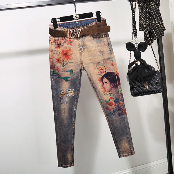 

vintage print bronzing elastic jeans jacket coat pencil pants two piece set women plus size denim 2pc streetwear mjrr, Blue