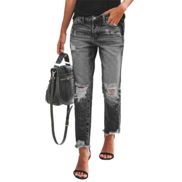 

women's jeans women high waist denim ripped pants ladies straight leg destroyed trousers, Blue