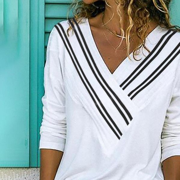 

fashion striped print blouse casual winter ladies loose v neck basic female women long sleeve shirt blusas pullover, White