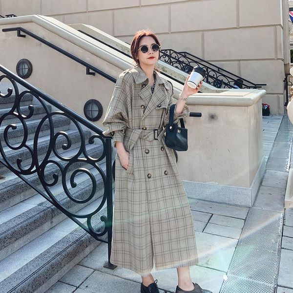 

women's trench coats plaid coat women long lace-up button 2021 spring waistband overcoat long-sleeved windbreaker female z1014, Tan;black