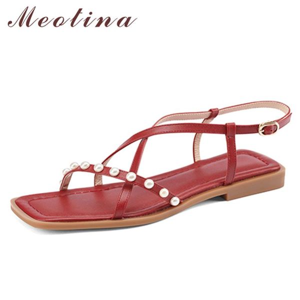 

sandals meotina shoes women flat string bead buckle square toe lady footwear summer green size 34-40 beach, Black