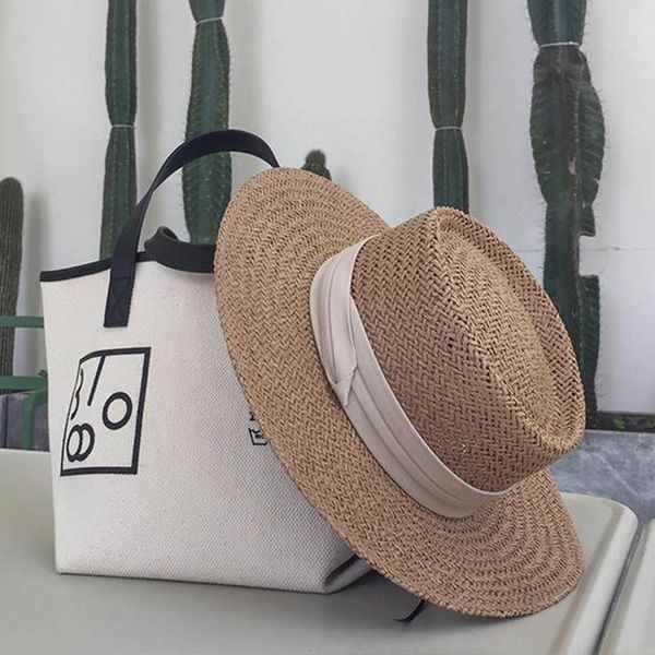 

2021 new casual handmade women summer wide brim straw beige ribbon khaki canotier men boater derby fedora beach sun hat 0slx, Blue;gray