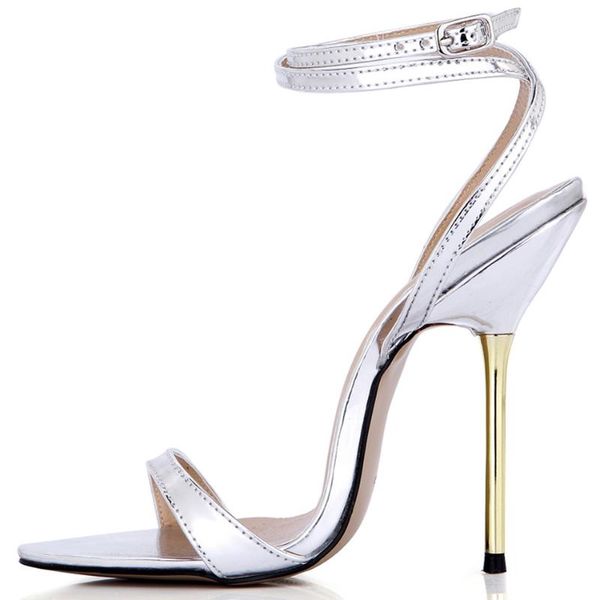 

sandals high heel sandal stiletto women shoe silver patent party dress evening heeled fashion ankle strap lady shoes 3845-i, Black