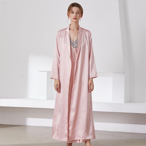 

women's sleepwear long robe set 2021 women satin bathrobe kimono gown loose nightwear with lace intimate lingerie home clothes, Black;red