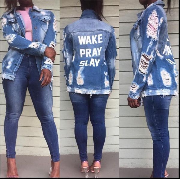 

fashion frayed hole cowboy denim jeans jacket women loose veste en jean femme chaqueta mujer boyfriend letter distressed jackets, Black;brown