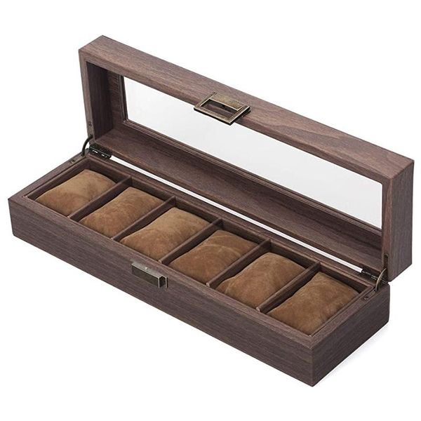 

watch boxes & cases watches storage/watch case/watch box made of pu leather in wood grain and real glass with 6 grids for, Black;blue