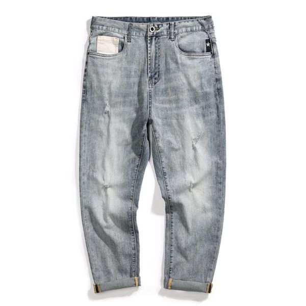 

men's jeans cropped trousers light blue stretch ripped distressed harem pants ankle length vintage japanese style pantalon homme
