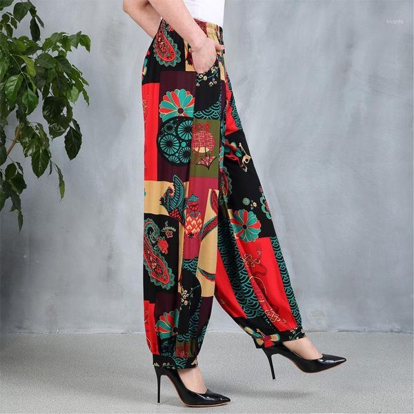 

vintage floral printed wide leg pants summer women casual linen long trousers elegant pantalon femme streetwear plus size women's & cap, Black;white