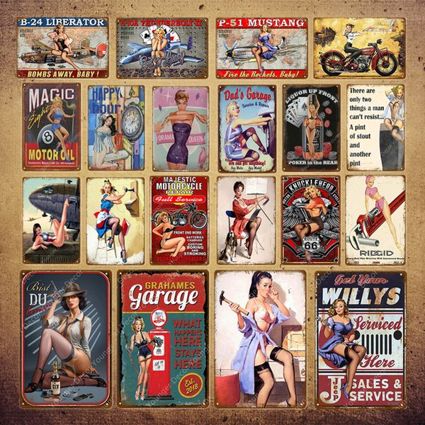 Retro Vintage Home Decor Garage Targhe in metallo Pin Up Girl Poster Auto Moto Aereo Aereo Con Sexy Lady Man Cave pittura Adesivo da parete Dimensioni 30X20 cm