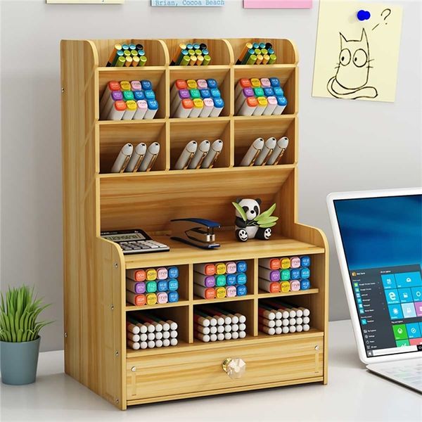 Multifuncional Wood Desktop Office Organizer Caixa de Armazenamento Pena Caixa de Lápis Jóias Suporte de Maquiagem Papelaria Estrating de Armazenamento de Escritório 210315