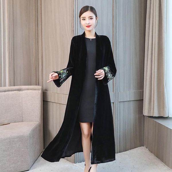 

women's trench coats style 2021 elegant women coat long silk velvet ethnic embroidered cardigan overcoat clothes female abrigo mujer, Tan;black
