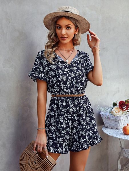 

ditsy floral print ruffle trim belted romper h2c5#, White