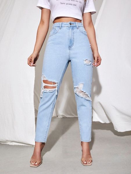

high waist ripped mom jeans 00ok#, Blue