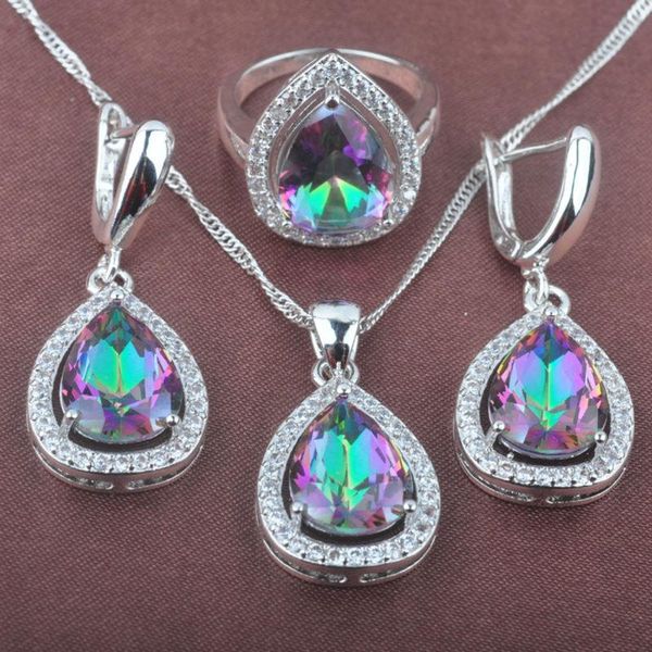 

earrings & necklace water drop multicolor rainbow zirconia women's silver color jewelry sets pendant rings tz0103