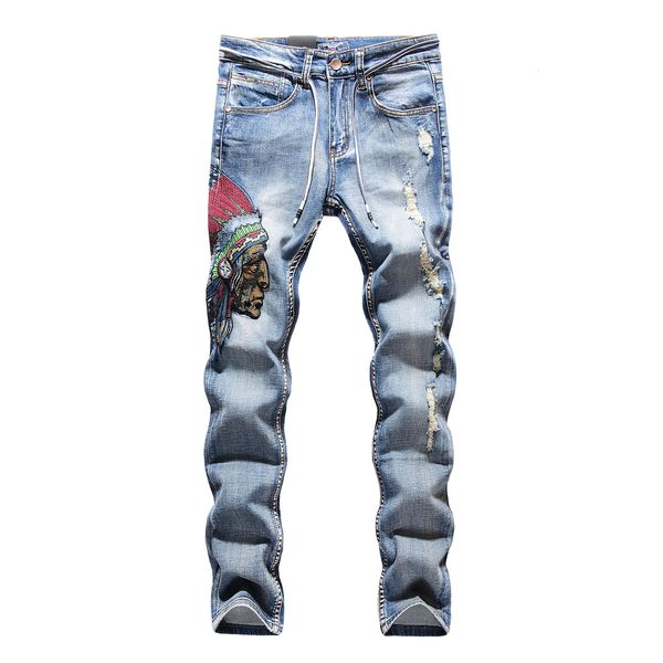 

2021 new european fashion men's male casual three-dimensional indian embroidery pants burred straight stretch jeans trousers a8ty, Blue