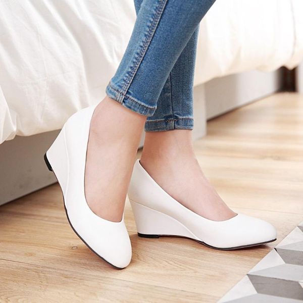 

dress shoes wedges heels pumps classic heeled women spring casual white pink wedge wedding office party woman large size 33-43, Black