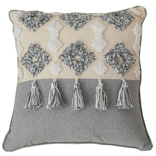 

pillow case moroccan style cushion cover tuft tassels handmade neutral decoration for sofa bed grey ivory diamond stripe-grey