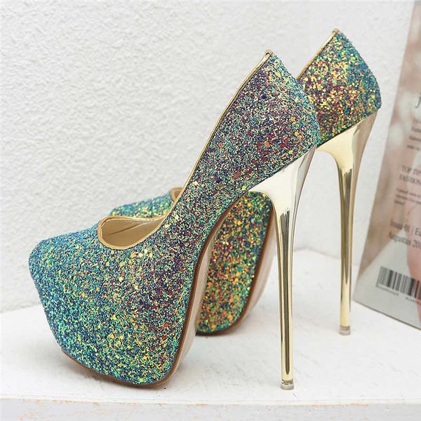 

famous brand 2022 women 16.5cm sparkly heels stiletto 5.5cm platfrom round toe pumps lady plus size 45 wedding bridal sequins glitter shoes, Black