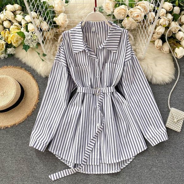 

casual dresses women striped dress korean loose harajuku ulzzang vintage sashes autumn long sleeve mini vestidos femme, Black;gray