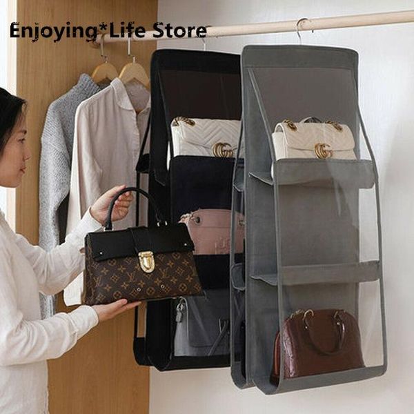 

storage boxes & bins 6 pocket folding hanging large clear handbag purse holder anti-dust organizer rack hook hanger