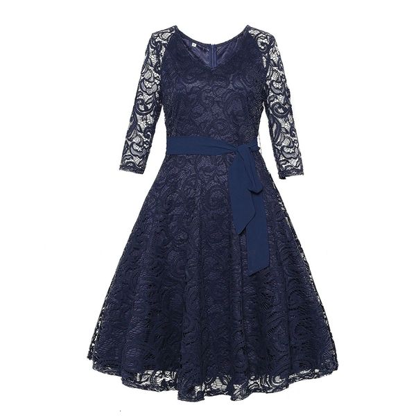 

2021 new elegant red lace women vintage patchwork 3/4 sleeve tunic midi ladies casual evening party office es yjmk, Black;gray