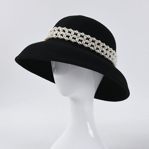 

2021 new fashion pearl fedoras for women black dome wool hats french retro winter hat wholesale h0w1, Blue;gray